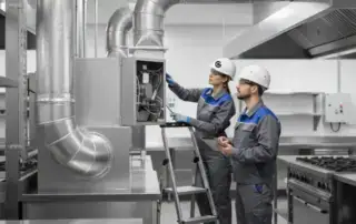 Zwei Servicetechniker warten eine RLT-Anlage in einer professionellen Großküche.