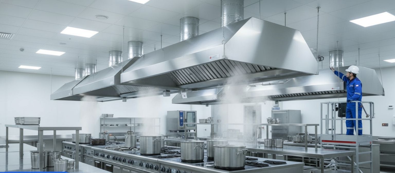 Großküche mit mehreren Kochstationen und großen Edelstahl-Ablufthauben, aus denen Dampf abgesaugt wird. Ein Techniker in Schutzkleidung steht auf einer Arbeitsbühne und prüft die Lüftungsanlage.