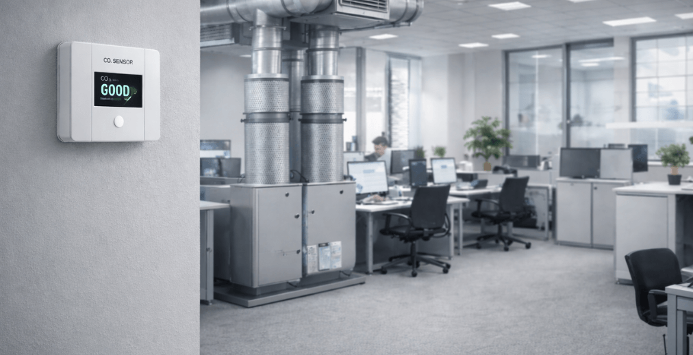 Moderne Bürofläche mit raumlufttechnischer Anlage und fest installiertem CO₂-Sensor zur Überwachung der Raumluftqualität.