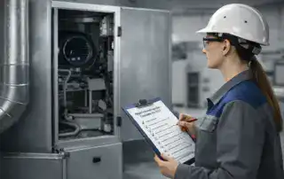 Technikerin prüft eine raumlufttechnische Anlage (RLT) bei einer Hygieneinspektion nach VDI 6022.