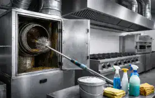 Reinigung eines Küchenabluftkanals in einer gewerblichen Küche mit Bürstensystem zur Entfernung von Fettablagerungen.