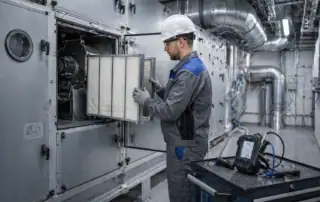 Servicetechniker wechselt einen Luftfilter an einer geöffneten RLT-Anlage in einem Technikraum, daneben ein digitales Messgerät auf dem Wartungswagen.